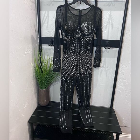 Jumpsuit Embellished W/ Rhinestones Black Mesh Size Medium - Picture 5 of 16